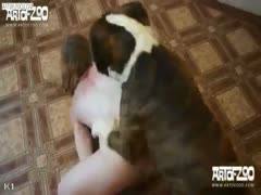 A skinny, slender, elderly bitch who has little milk cans greets her first time having savage sex with a dog.
